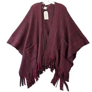 Time Tru Red Black NEW Cardigan Sweater Open Front Fringe Shawl Women's ONE SIZE